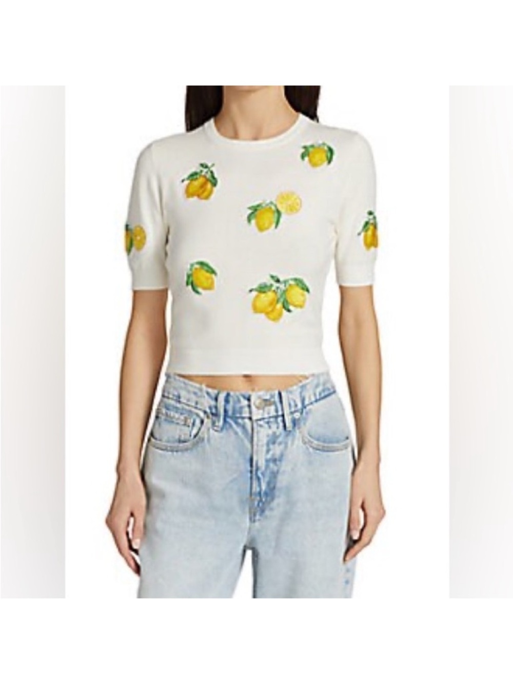 Alice + Olivia White Cropped Crewneck Sweater with Yellow Lemon Motif